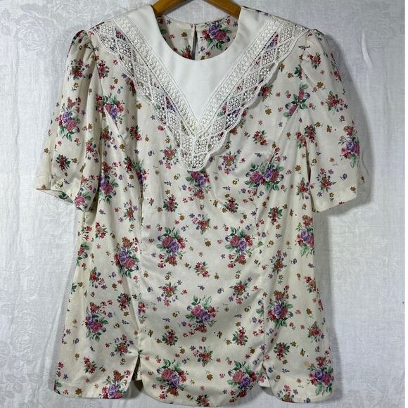 Whirlaway Frocks Vintage Blouse 16WP PETITE Wide Lace Collar Floral Cottage - Picture 1 of 13